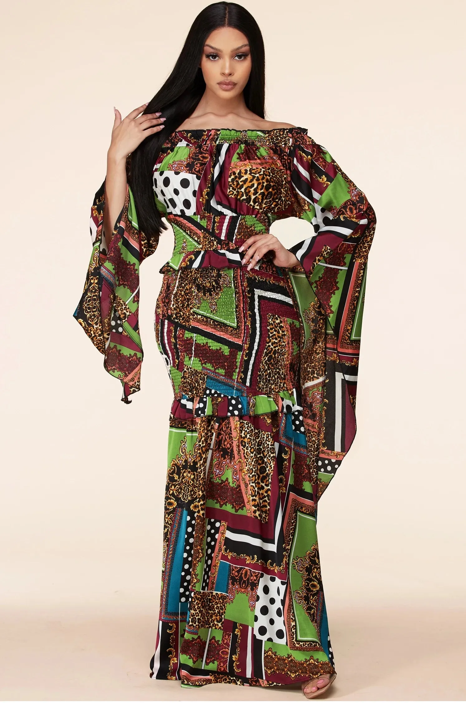 Mix Pattern Multi-Color Maxi Dress With Kimono Sleeves