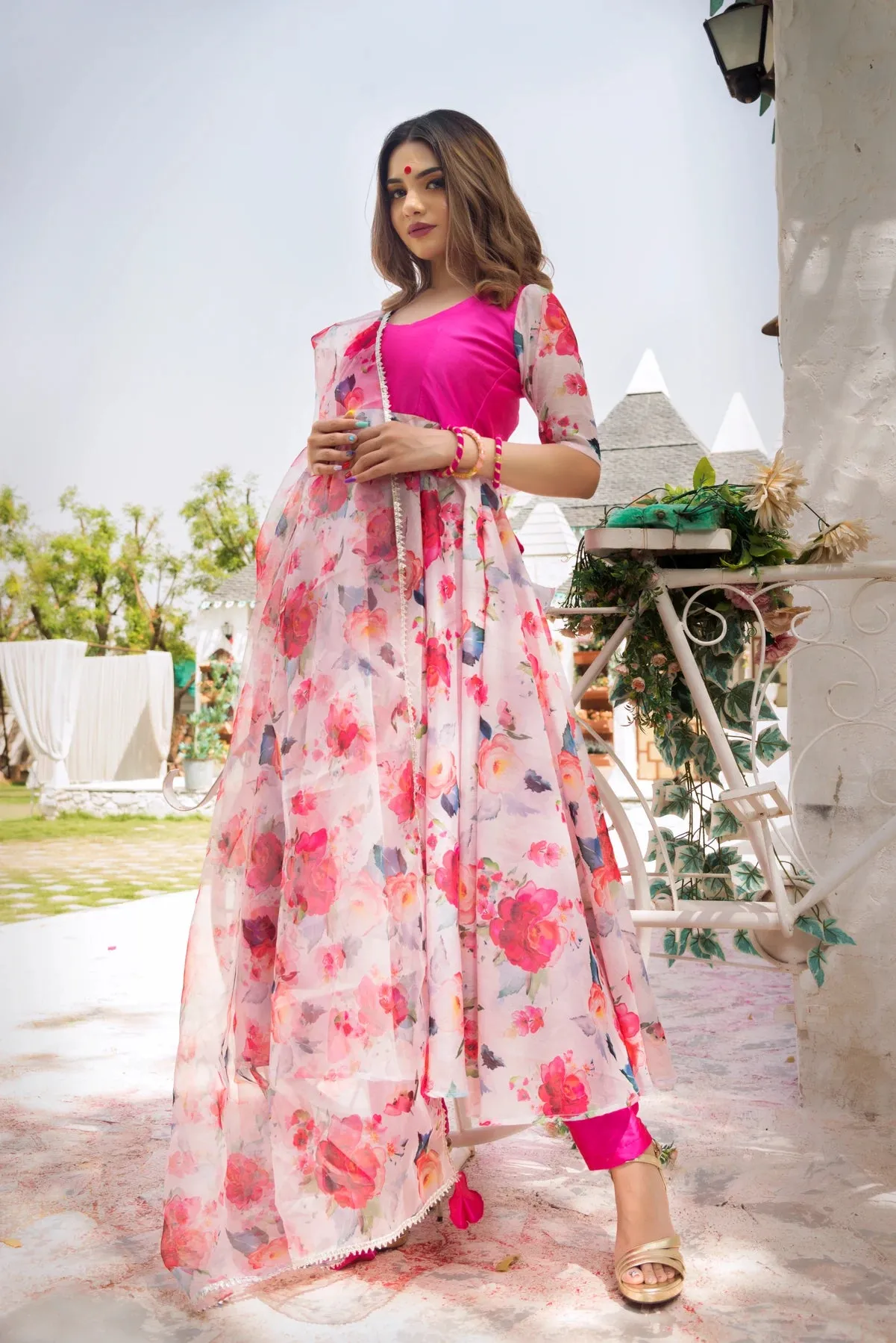 Modal Cotton Pink Printed Anarkali Suit Set