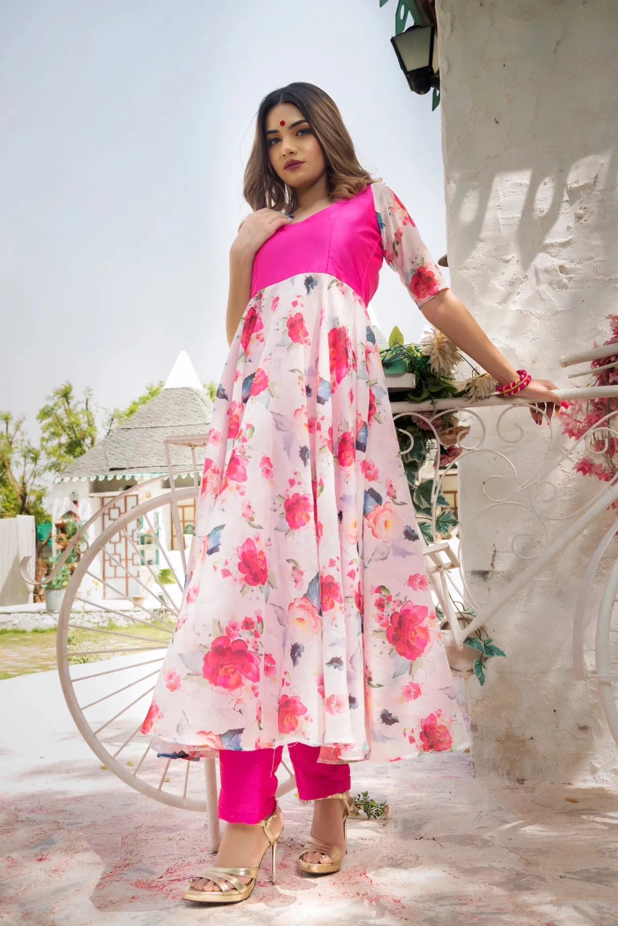 Modal Cotton Pink Printed Anarkali Suit Set