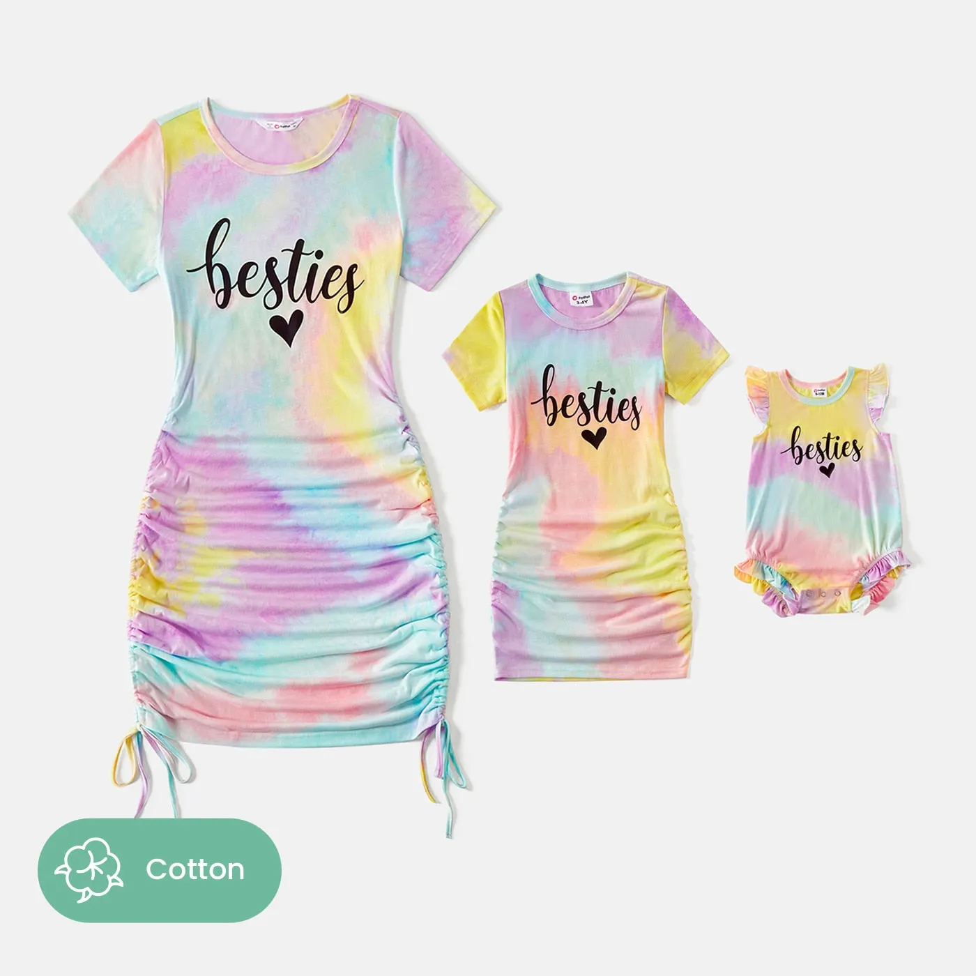 Mommy and Me Matching Dress Tie Dye  Drawstring Ruched Bodycon Dresses Short-sleeve Letter Print T-shirt