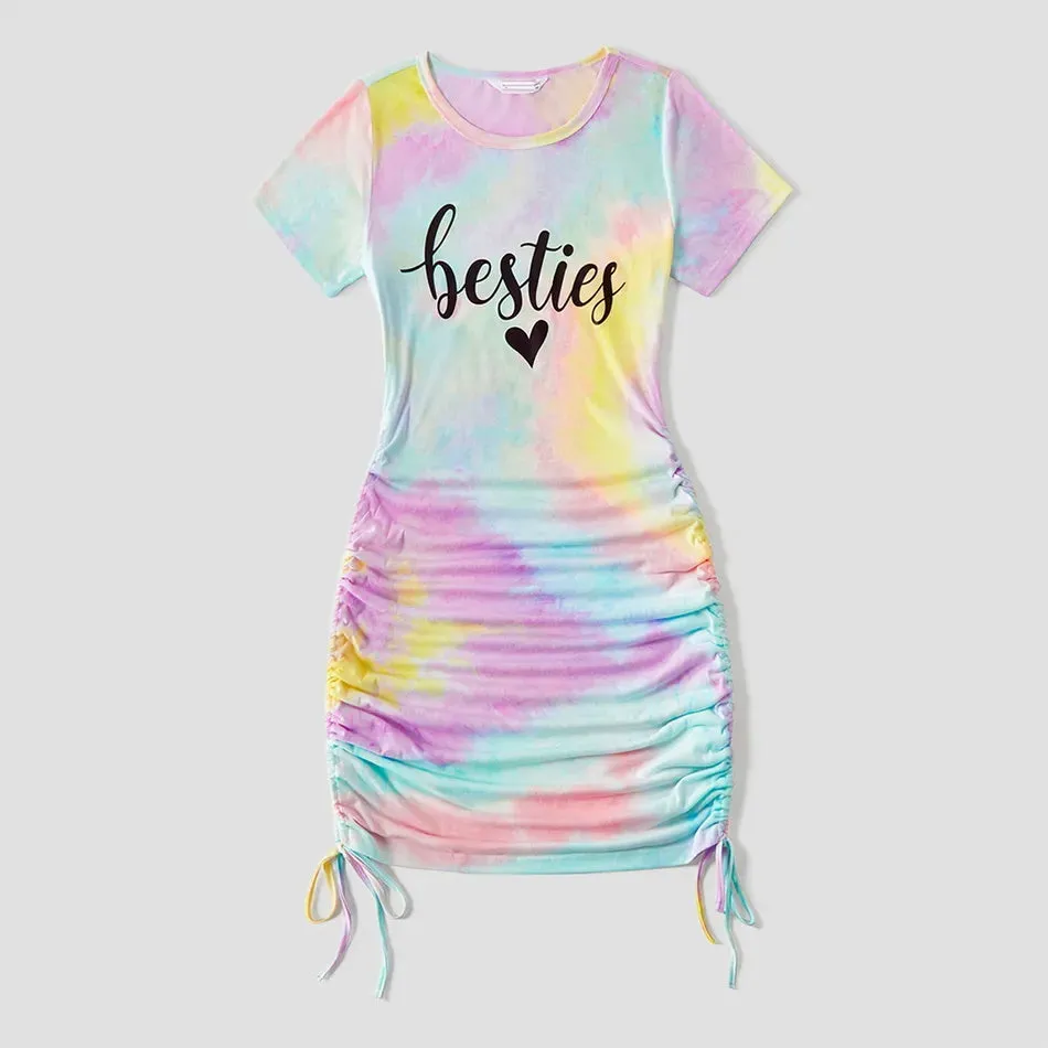 Mommy and Me Matching Dress Tie Dye  Drawstring Ruched Bodycon Dresses Short-sleeve Letter Print T-shirt