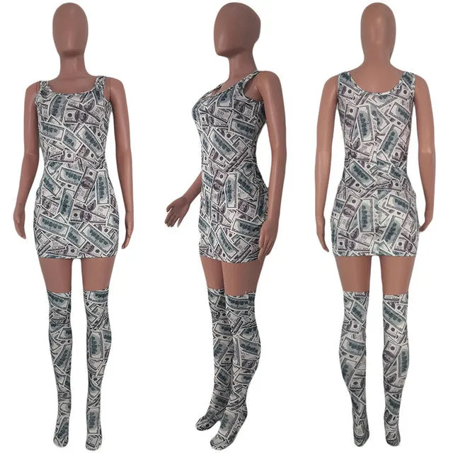 Money detail bodycon dress and matching knee high socks