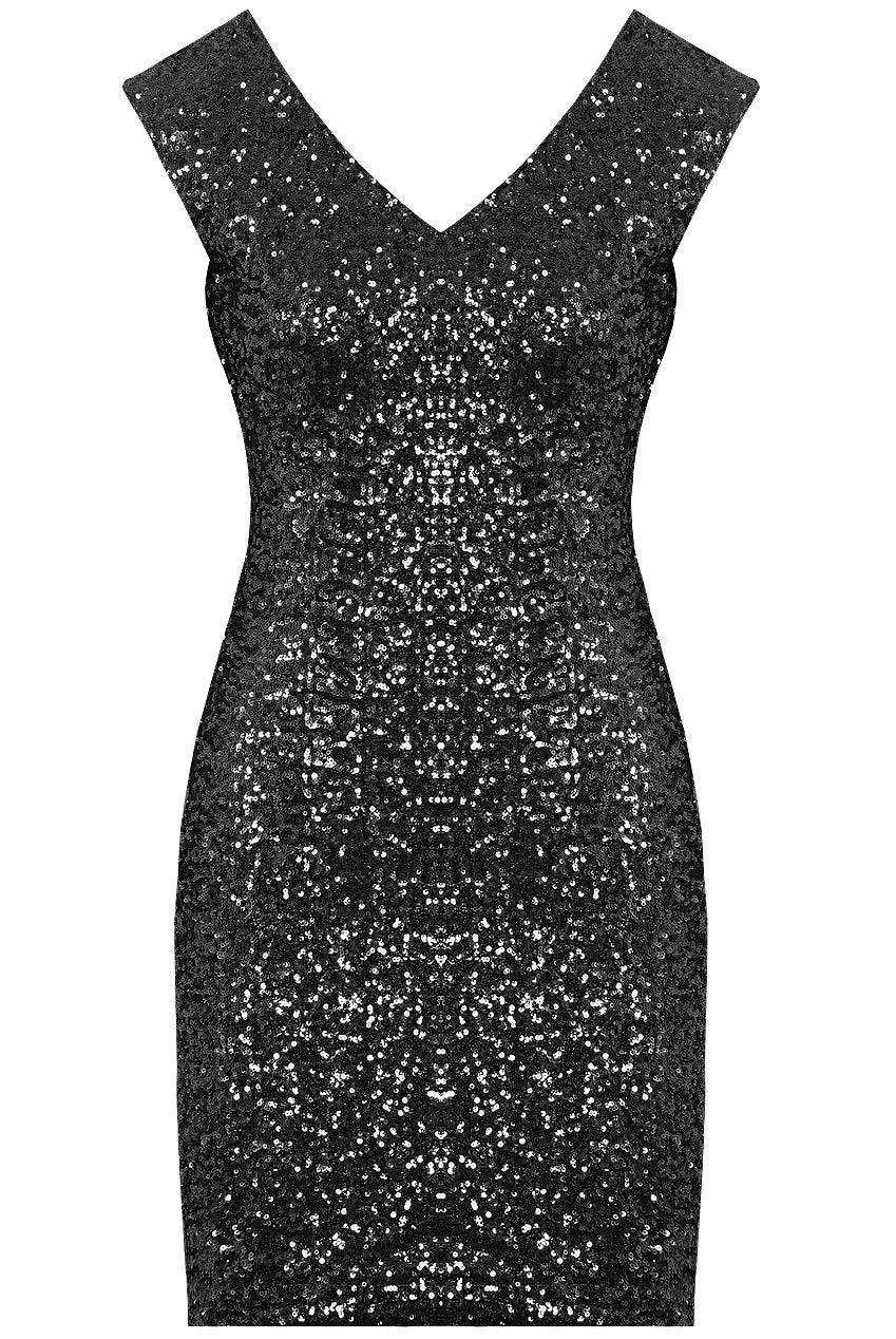 Monroe Black Sequin Plunge Bow Back Bodycon Dress