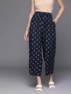 Navy Blue Printed Rayon Palazzos