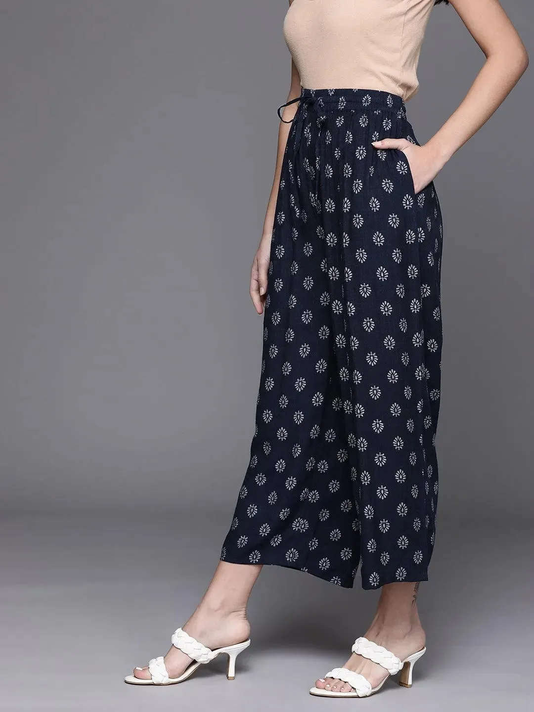 Navy Blue Printed Rayon Palazzos