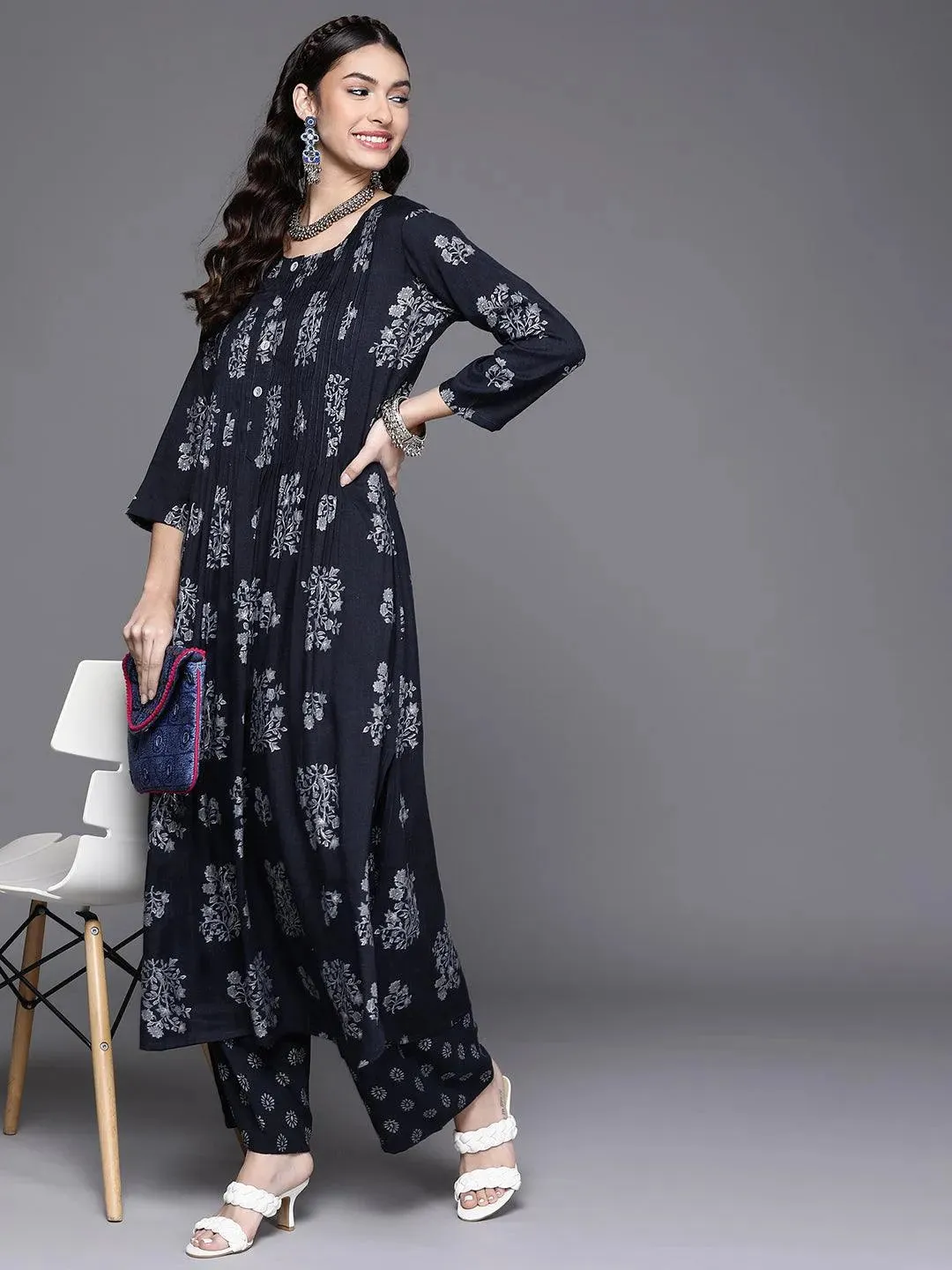 Navy Blue Printed Rayon Palazzos