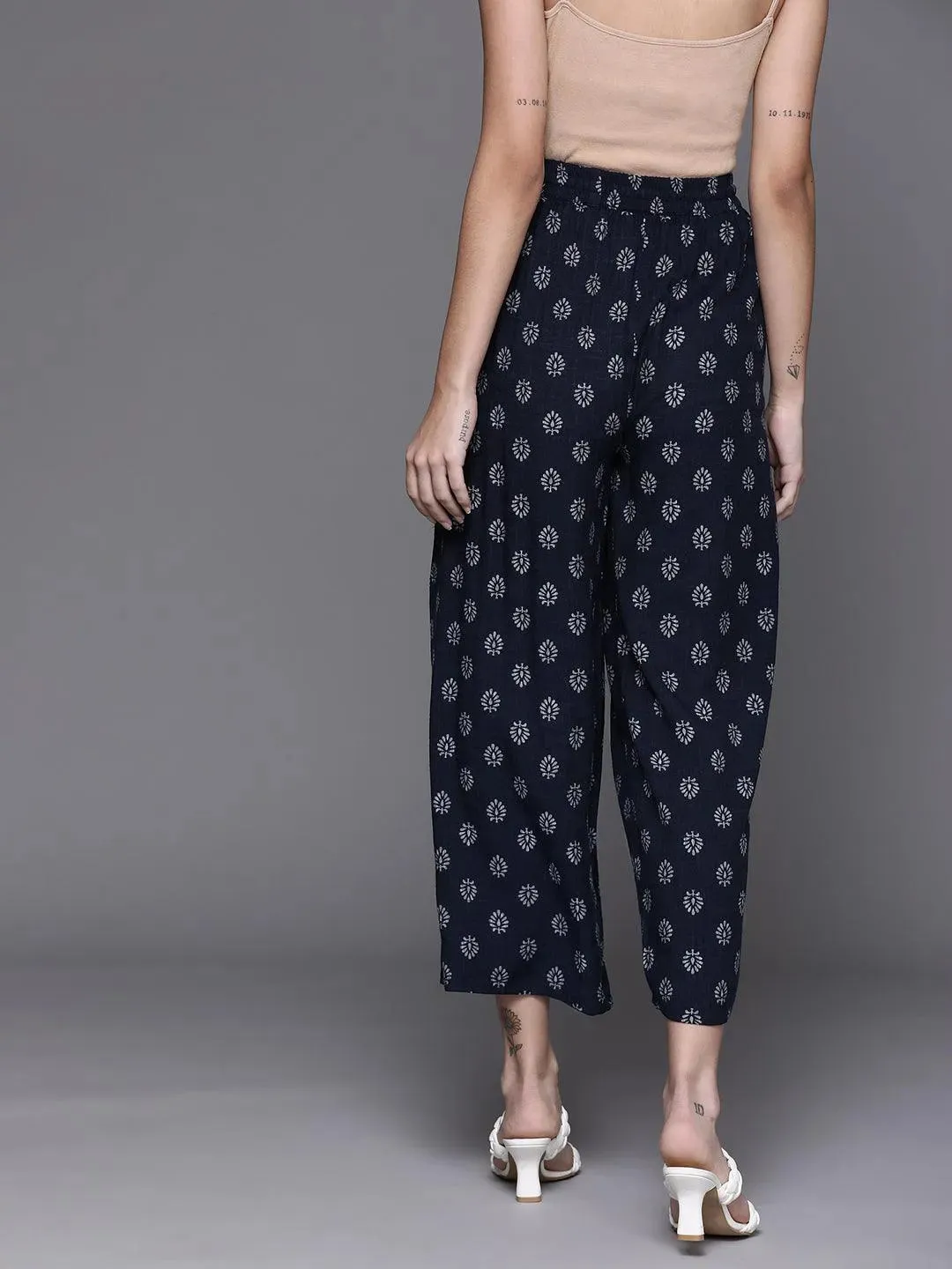 Navy Blue Printed Rayon Palazzos