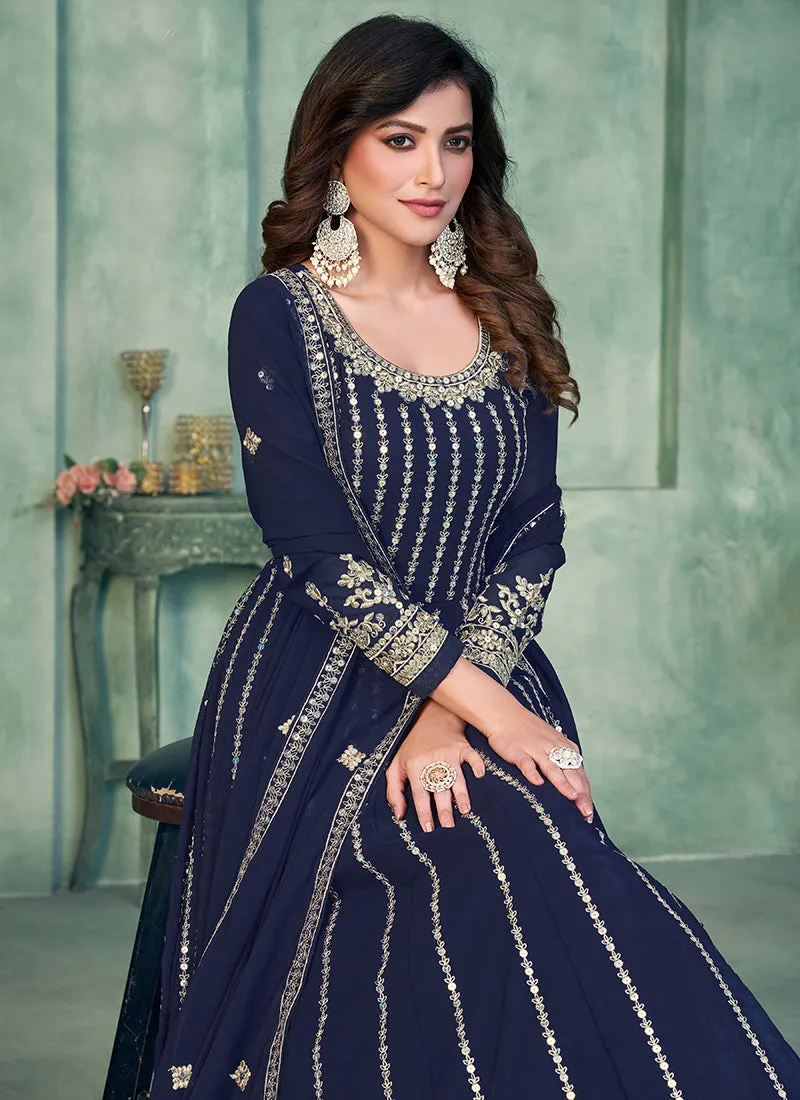 Navy Blue Sequence Embroidery Traditional Anarkali Suit