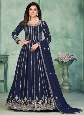 Navy Blue Sequence Embroidery Traditional Anarkali Suit