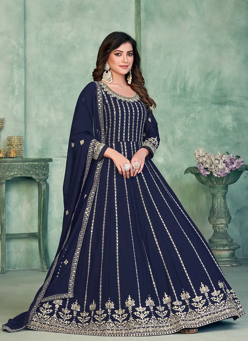 Navy Blue Sequence Embroidery Traditional Anarkali Suit