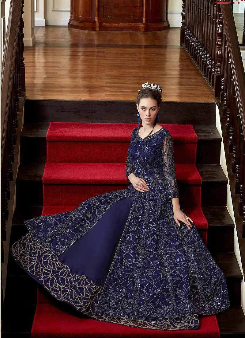 Navy Blue Zari Embroidered Anarkali Lehenga Suit