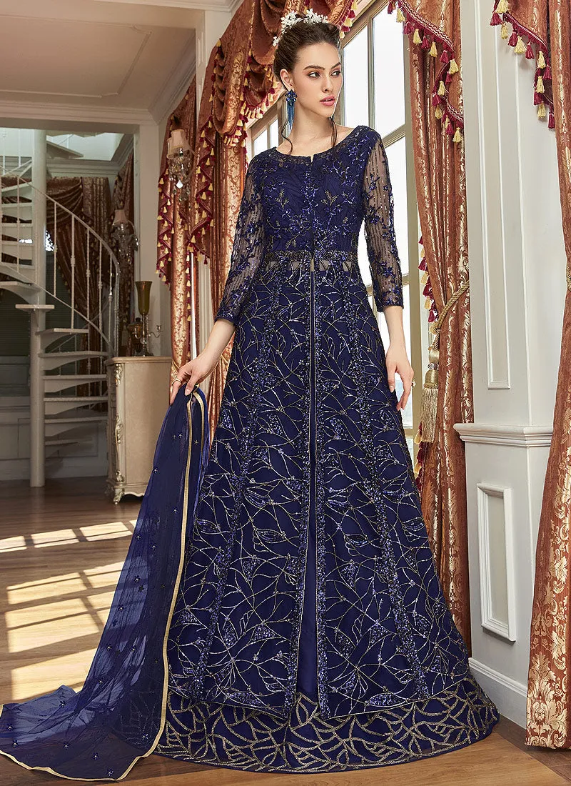 Navy Blue Zari Embroidered Anarkali Lehenga Suit