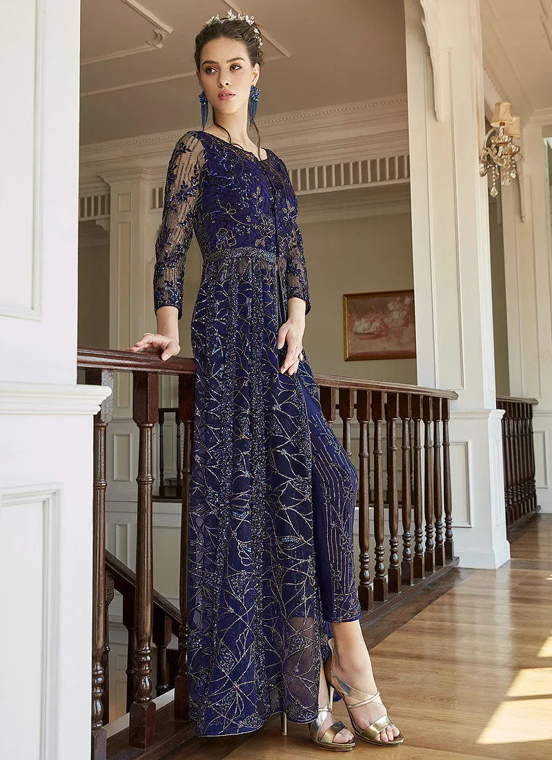 Navy Blue Zari Embroidered Anarkali Lehenga Suit