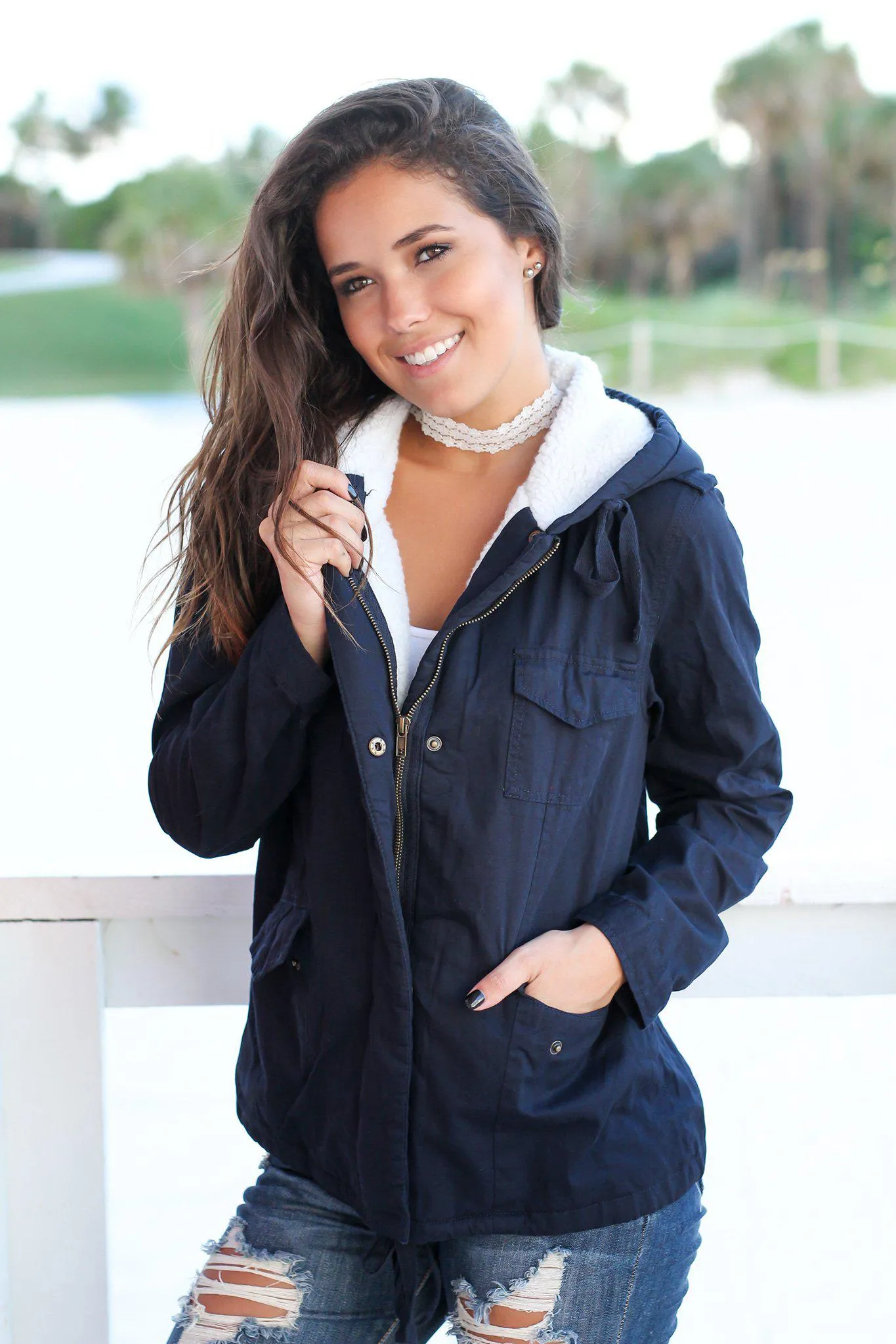 Navy Jacket with Wool Lined Hood