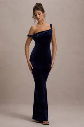 Neeka | Navy Velvet Twisted Asymmetric Maxi Dress