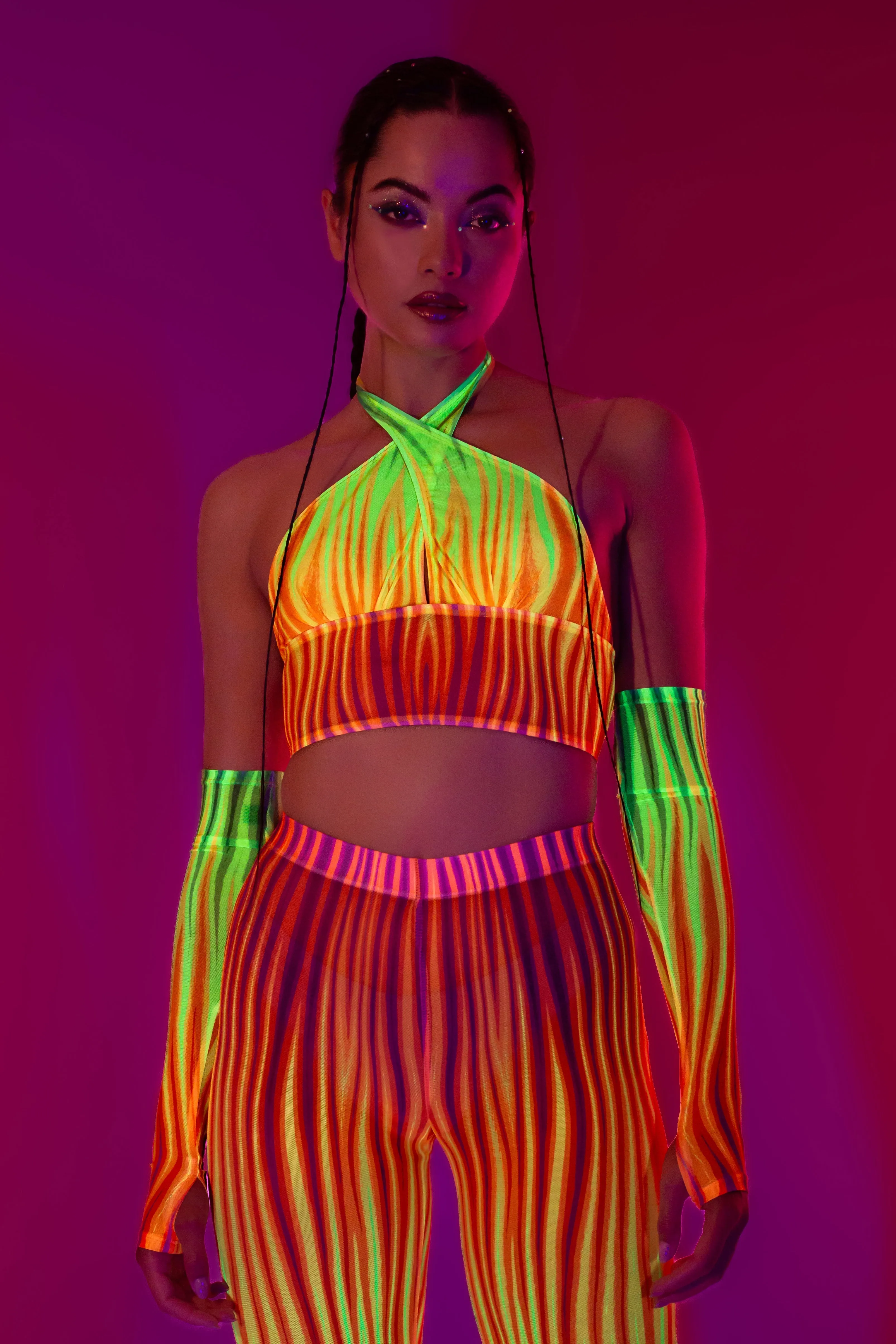 Neon Rainbow Flame Bell Bottom Mesh Pants