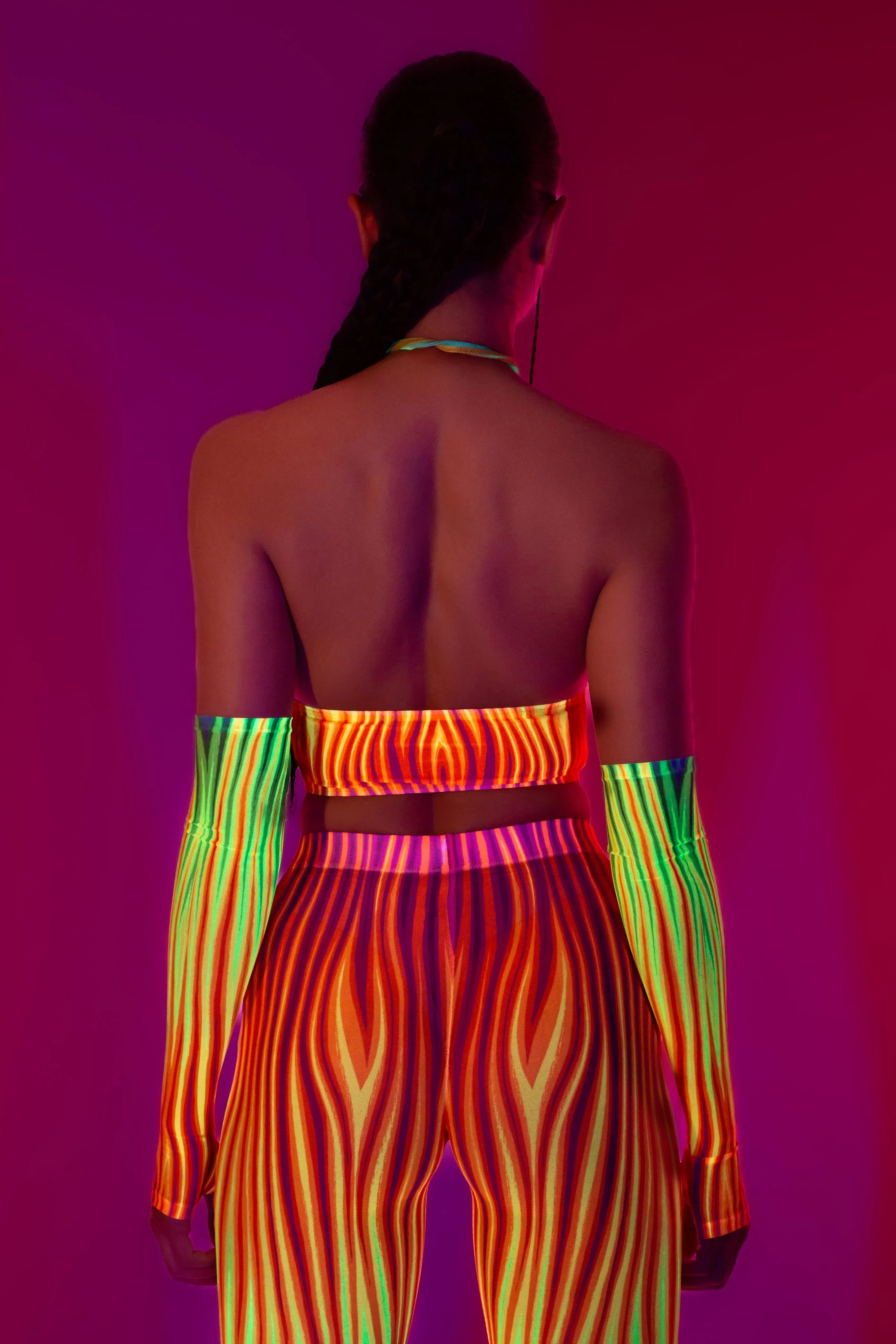 Neon Rainbow Flame Bell Bottom Mesh Pants