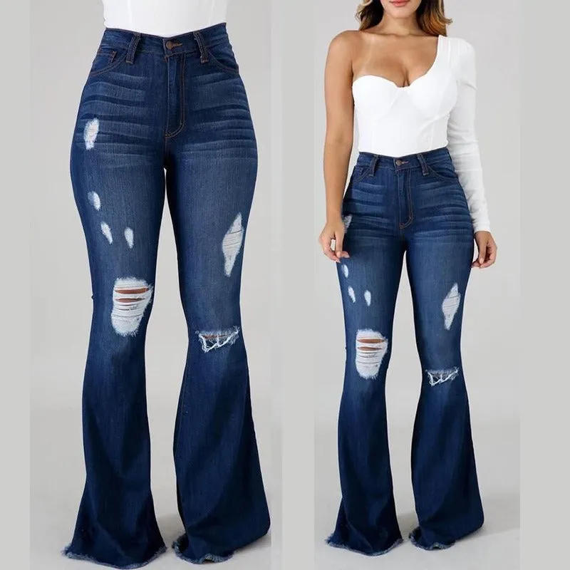 New High Waist Ripped Flared Jeans For Women Fashion Slim Hip Lift Stretch Denim Pants