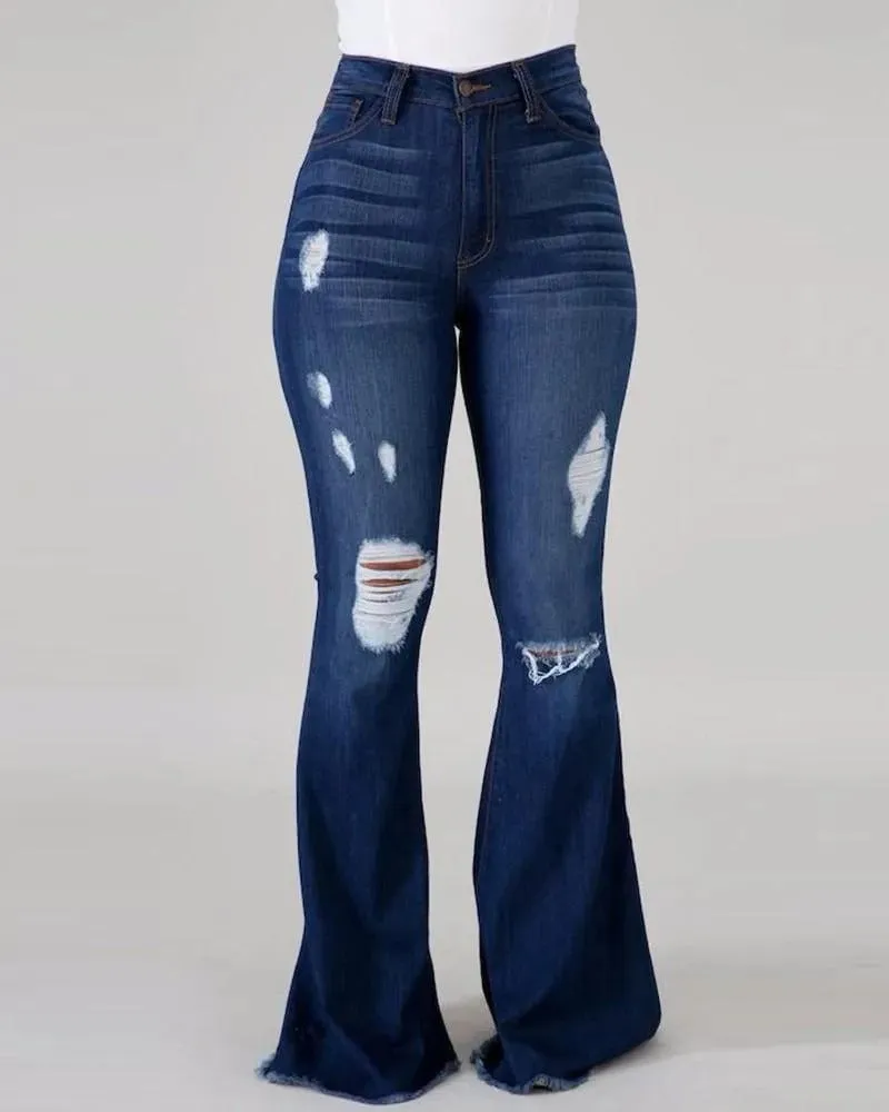 New High Waist Ripped Flared Jeans For Women Fashion Slim Hip Lift Stretch Denim Pants