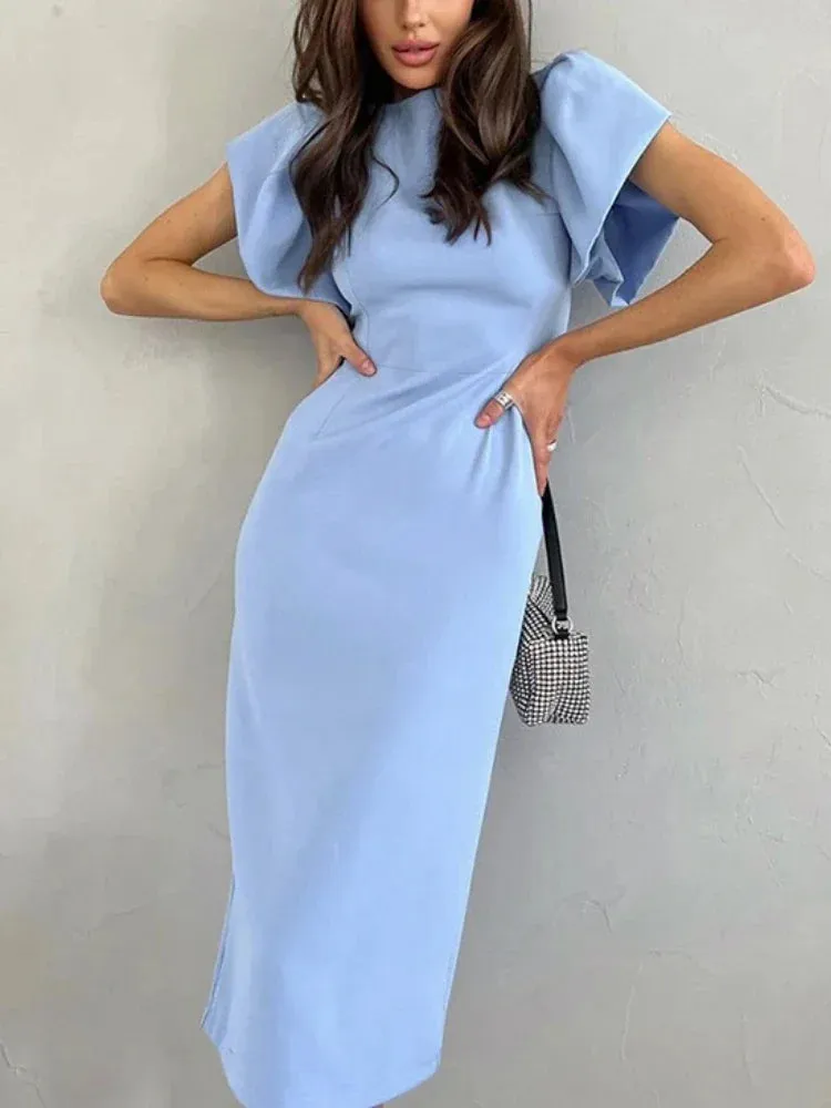 New in Summer Women Dress Elegant Ruffle Sleeve Office Ladies Bodycon Dress Chic Blue Slit Hip Skirts Midi Party Dress for Women