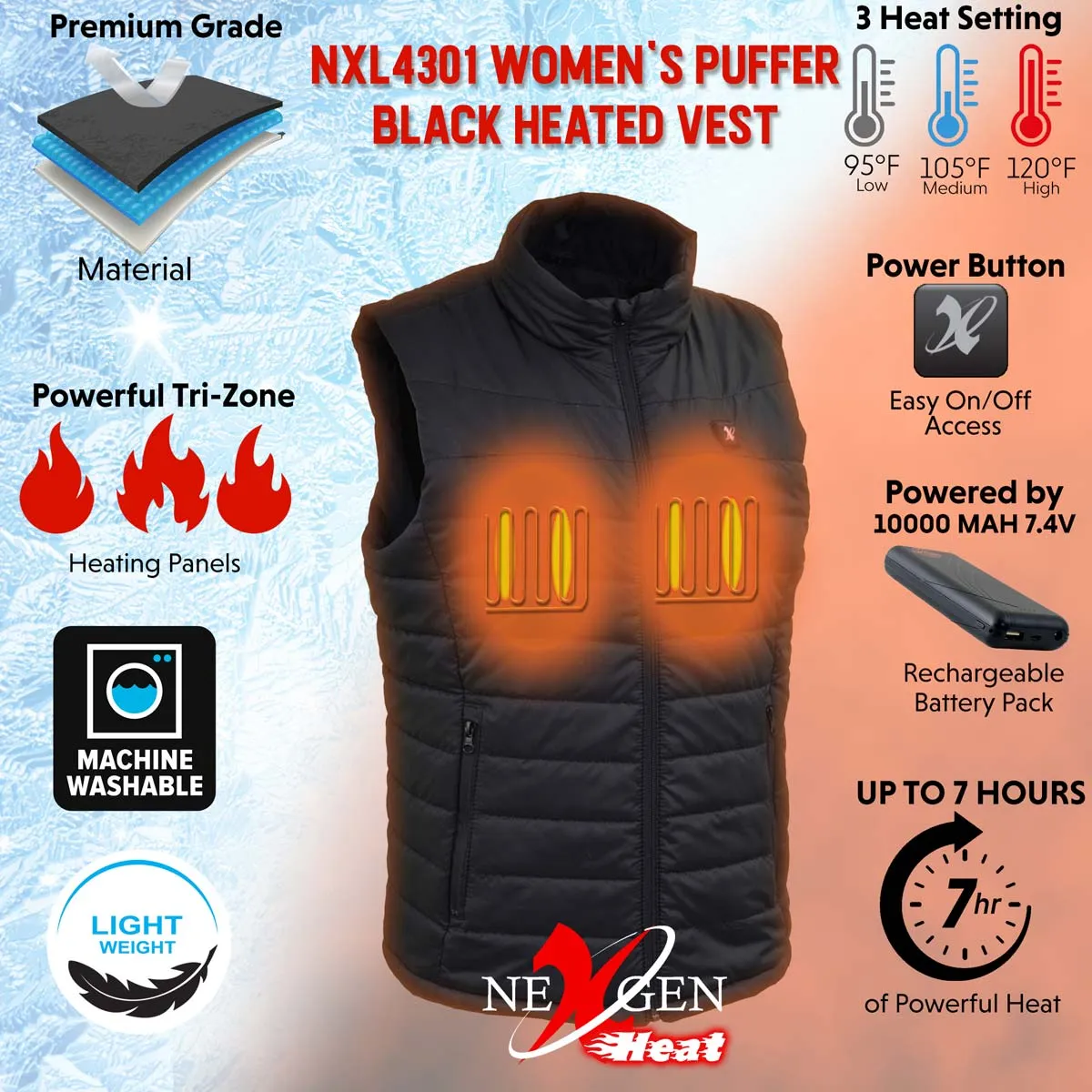 Nexgen Heat Women's NXL4301SET Puffer Black Heated Winter Vest for Outdoor Activities w/ Battery