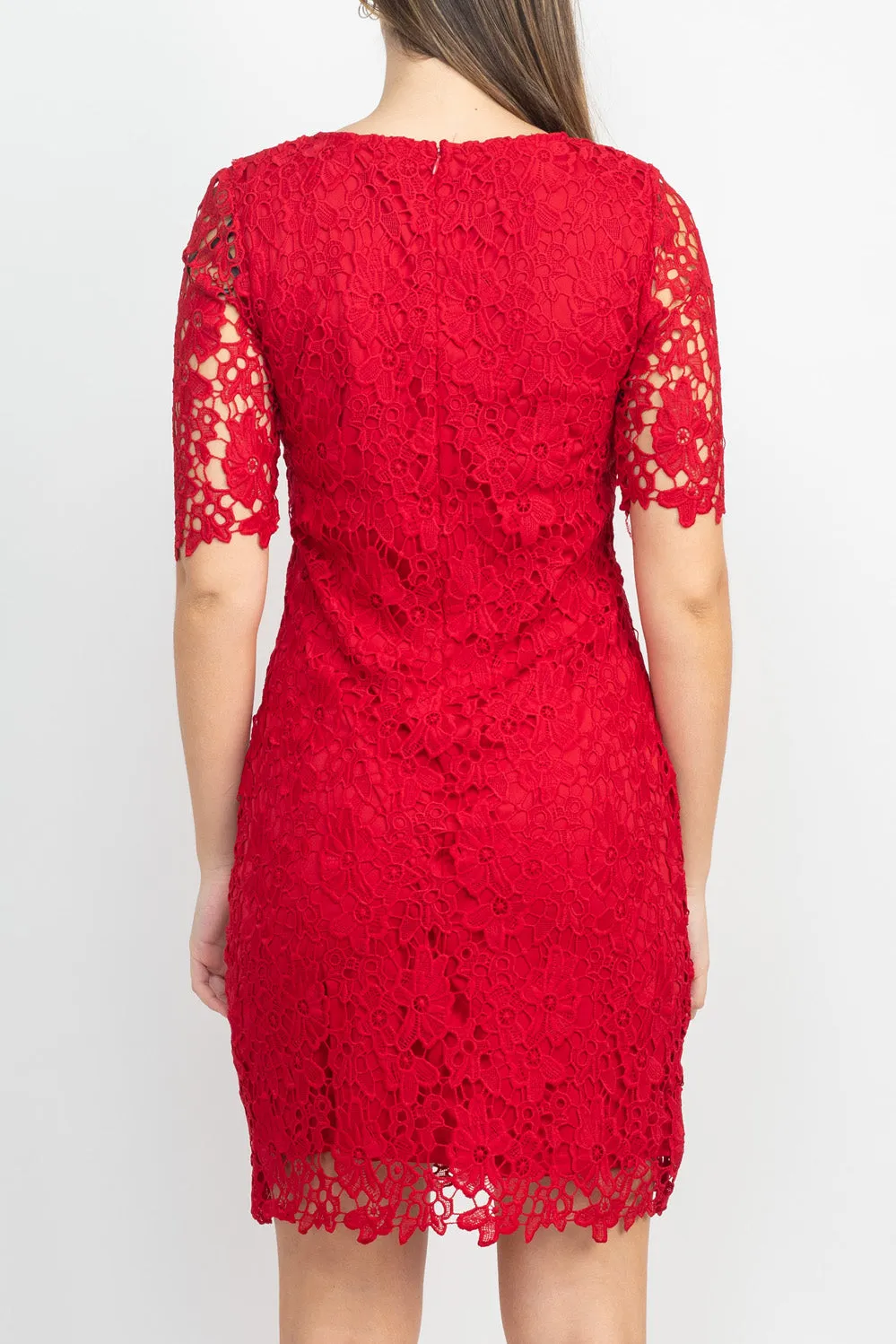 Nina Leonard Crew Neck Short Sleeve Bodycon Zipper Back Floral Lace Dress