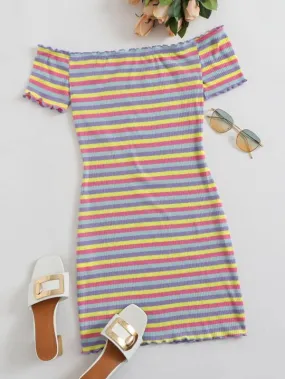 Off Shoulder Lettuce Edge Rainbow Striped Dress