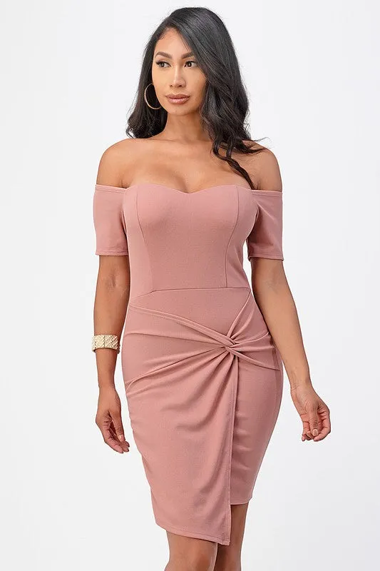 Off the shoulder front twist bodycon dress