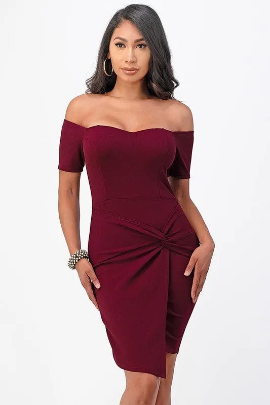 Off the shoulder front twist bodycon dress