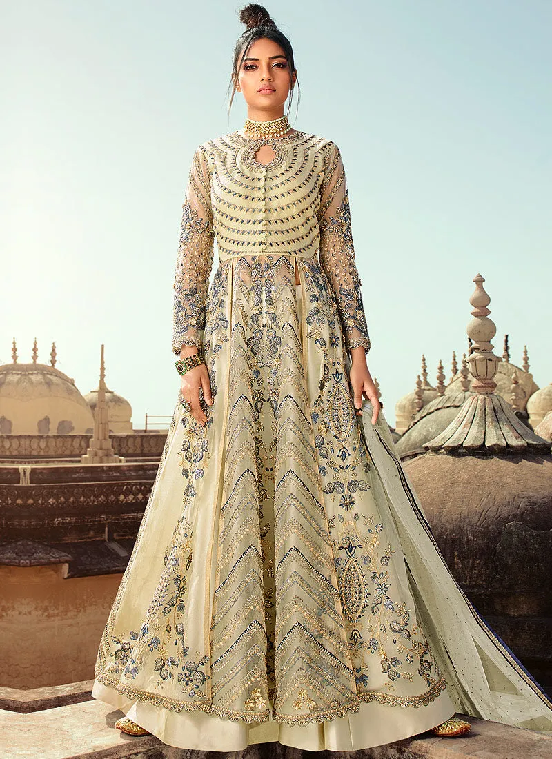 Off White Embroidered Anarkali Lehenga/Pant Suit