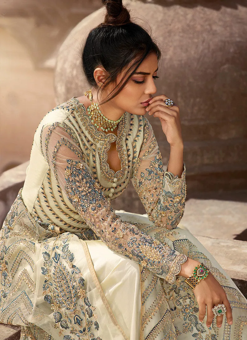 Off White Embroidered Anarkali Lehenga/Pant Suit