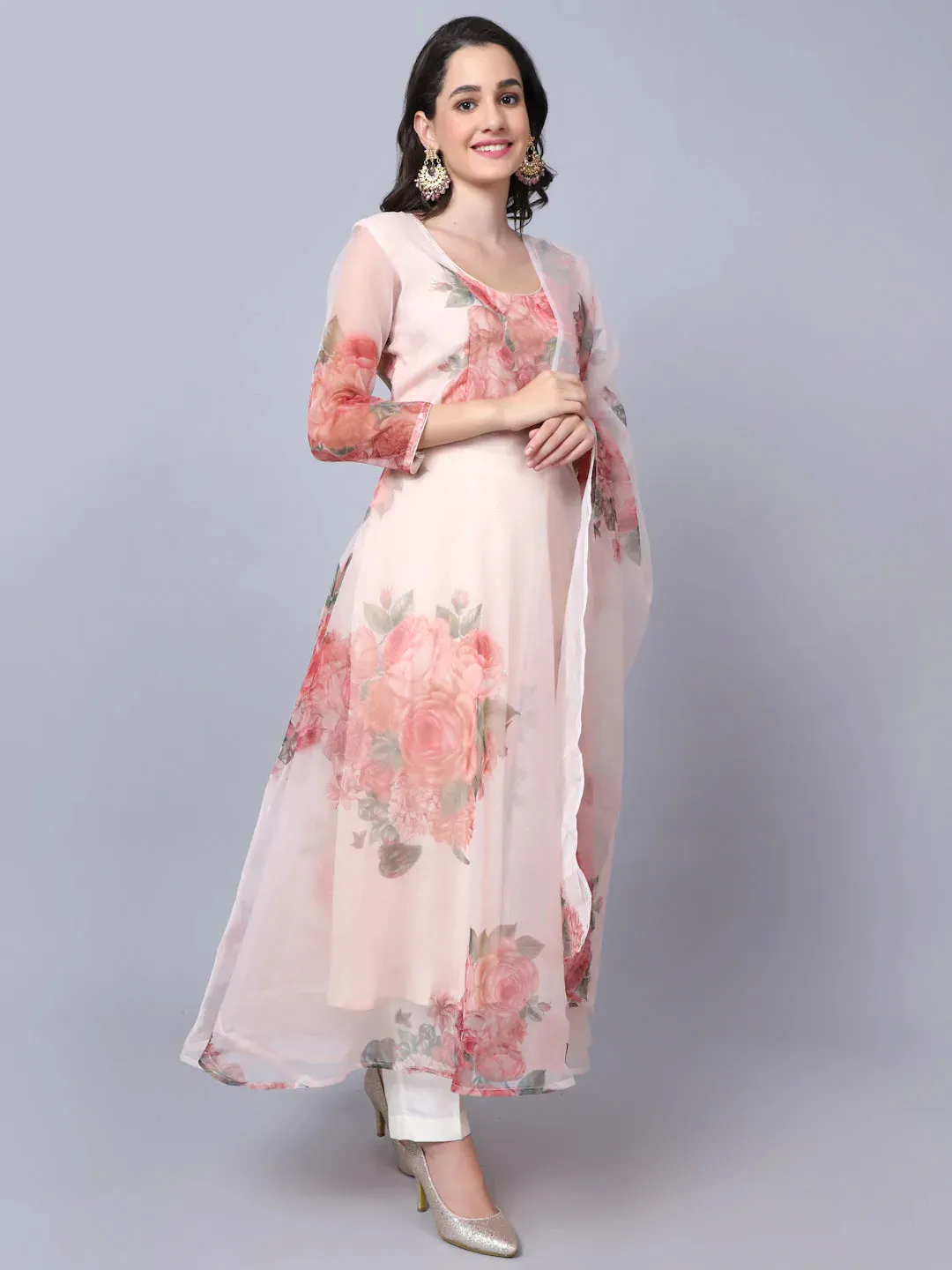 Off White Orangza Aanarkali Suit Set with Dupatta