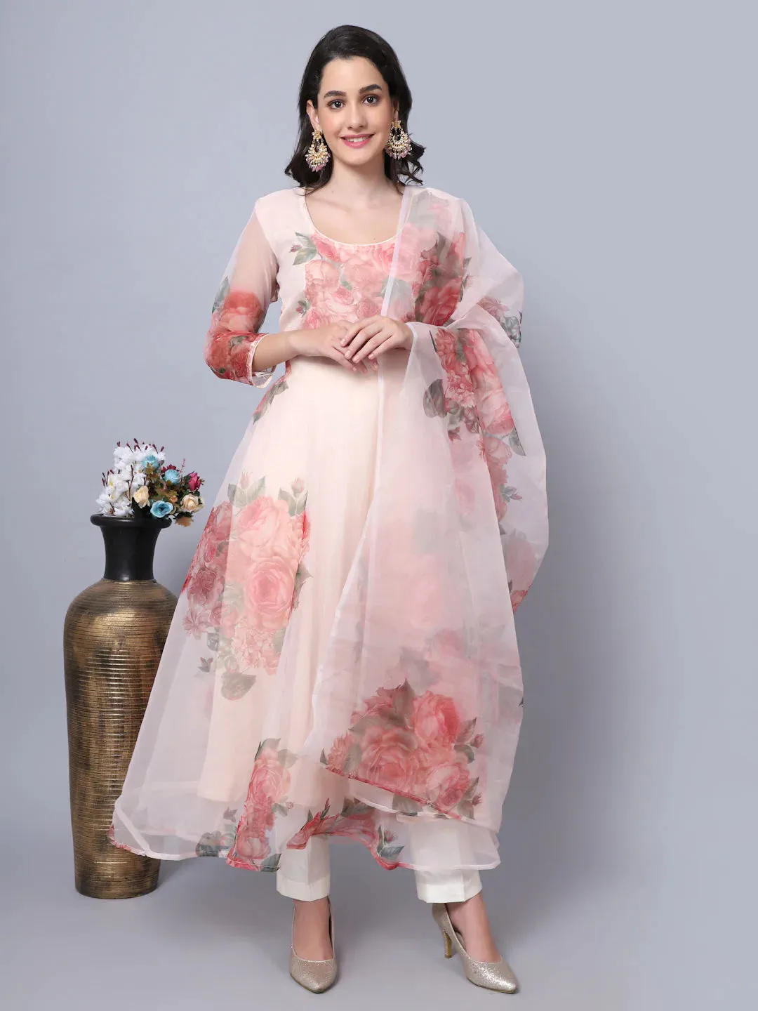 Off White Orangza Aanarkali Suit Set with Dupatta