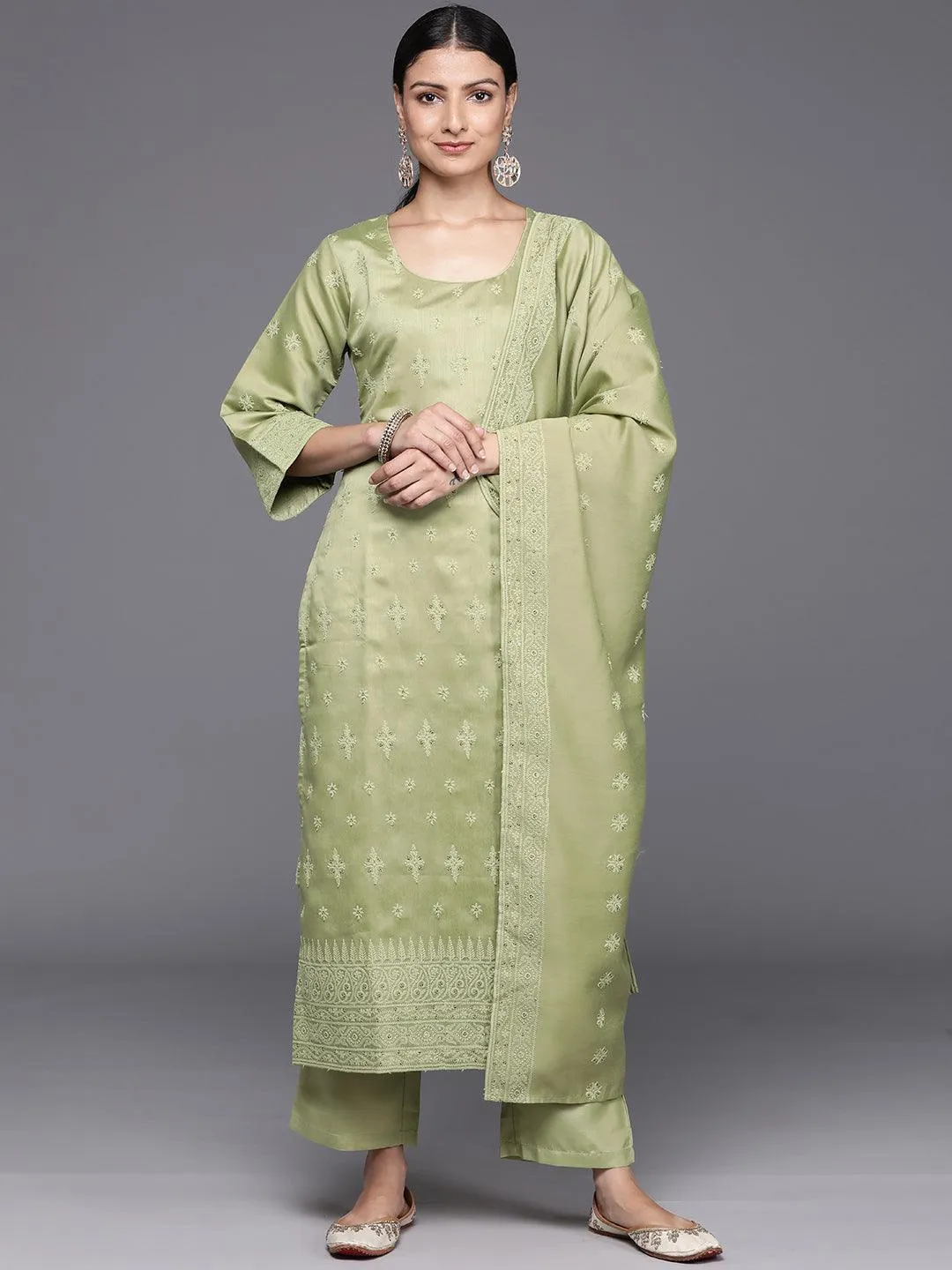 Olive Embroidered Chanderi Silk Straight Kurta With Trousers & Dupatta