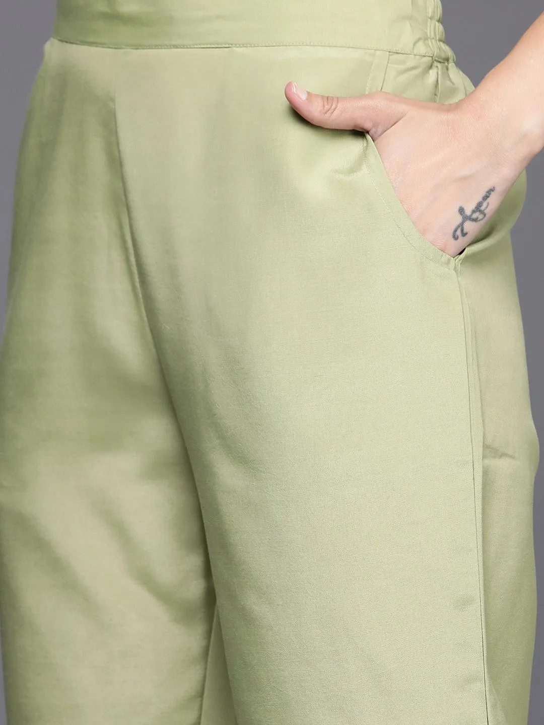 Olive Embroidered Chanderi Silk Straight Kurta With Trousers & Dupatta