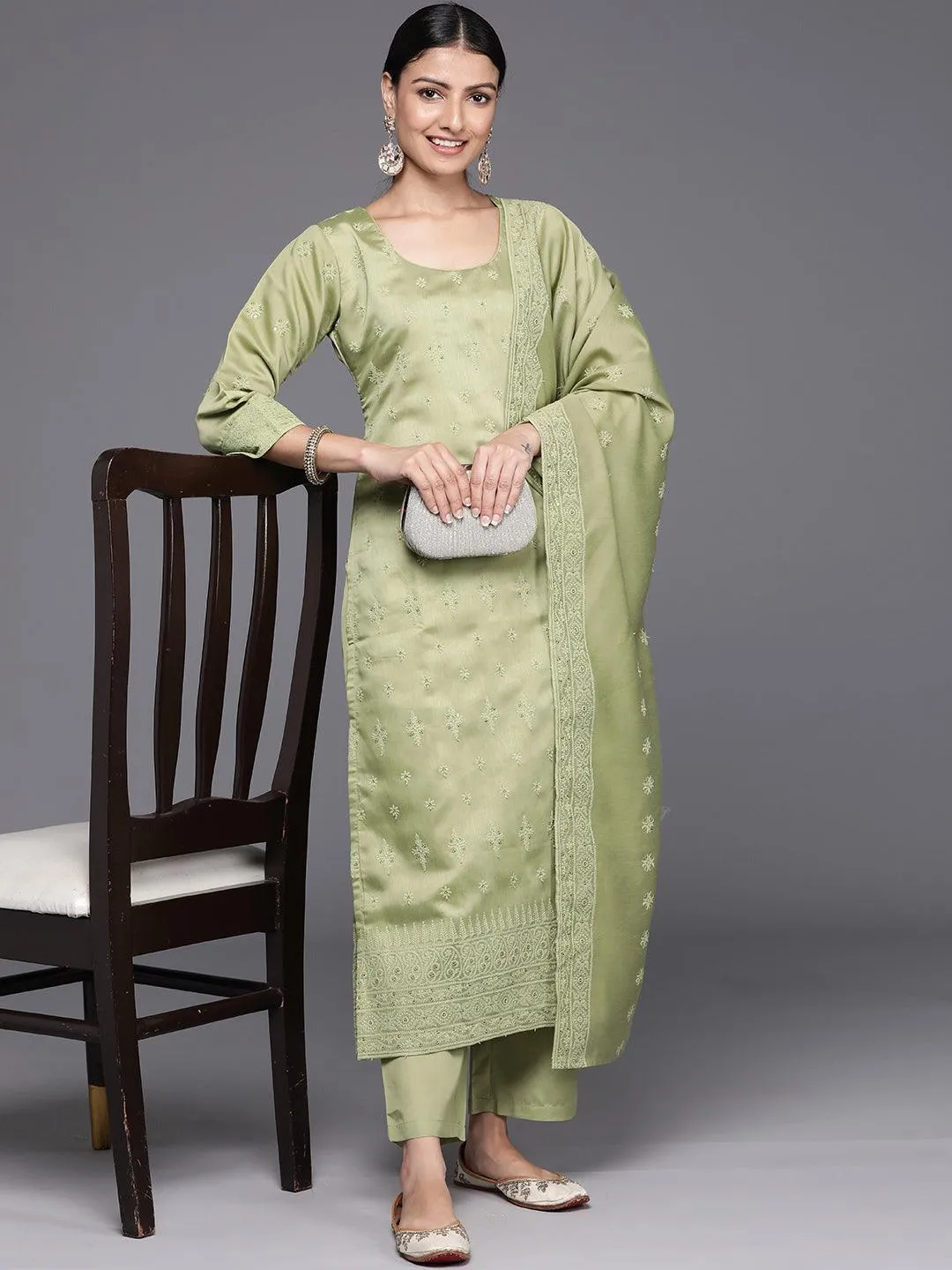 Olive Embroidered Chanderi Silk Straight Kurta With Trousers & Dupatta