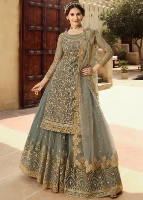 Olive Green Embroidered Net Lehenga Suit