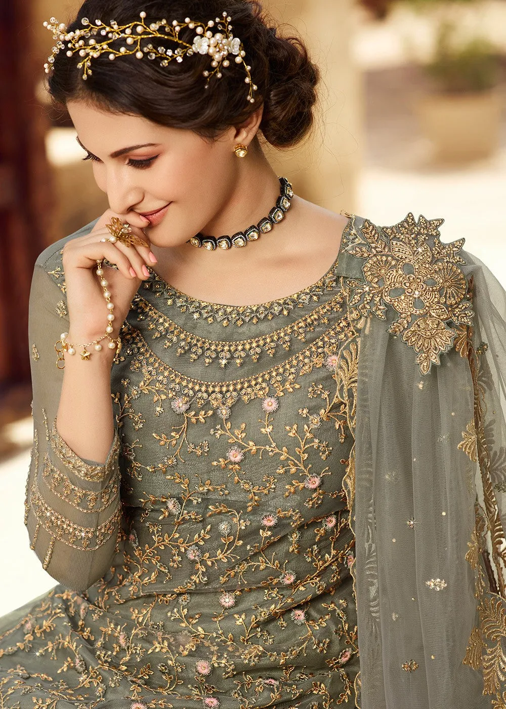 Olive Green Embroidered Net Lehenga Suit