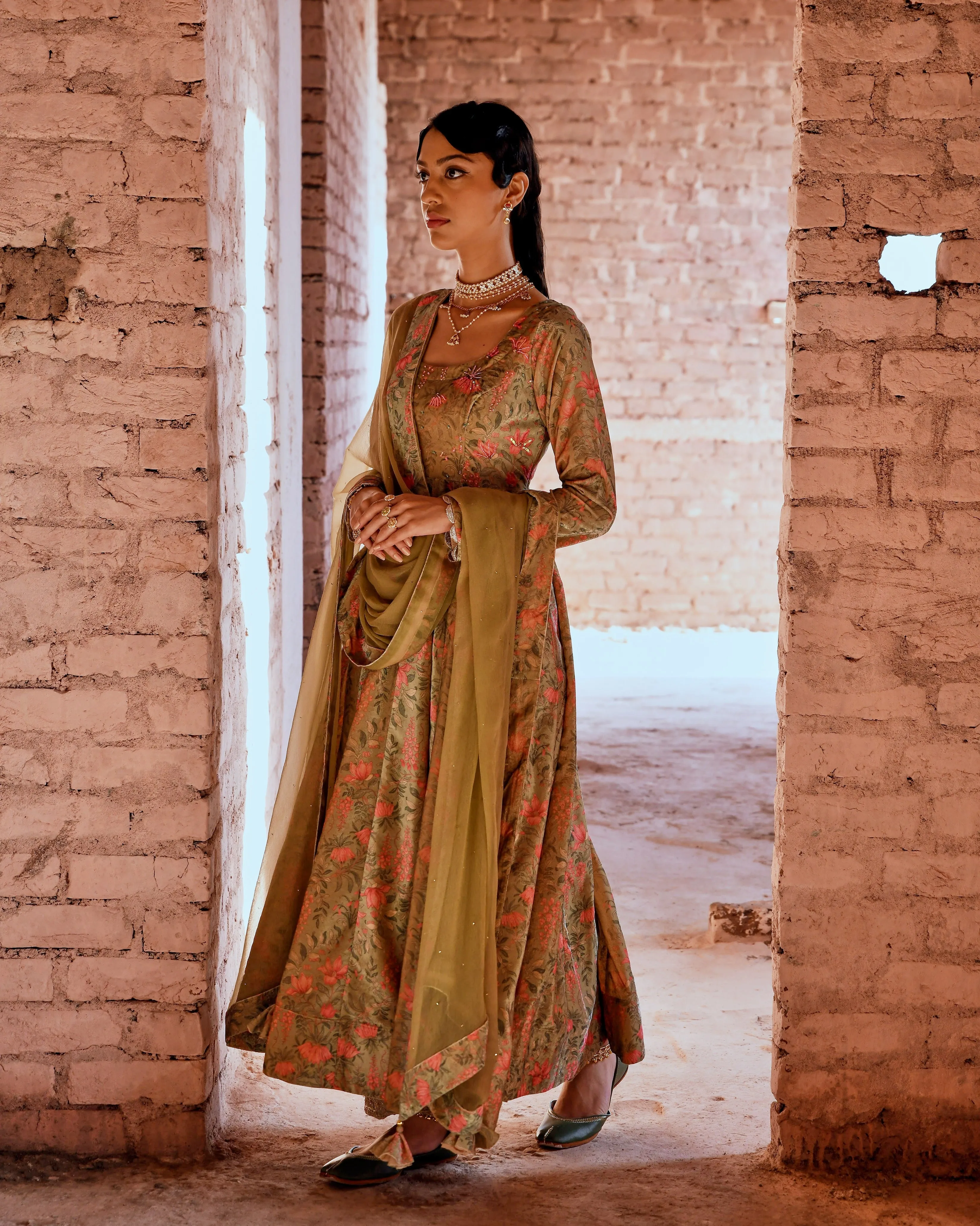 OLIVE GREEN FLARED MAKHMAL ANARKALI SET