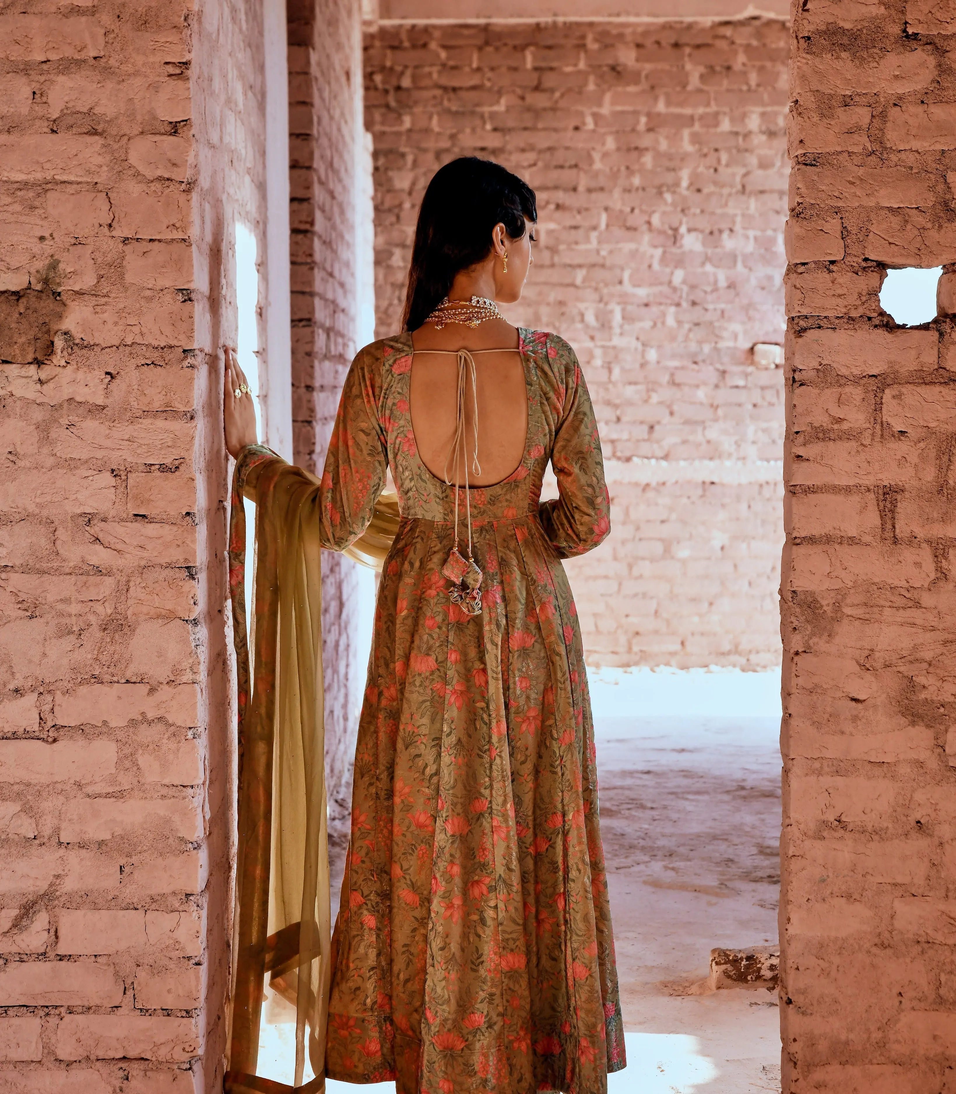 OLIVE GREEN FLARED MAKHMAL ANARKALI SET