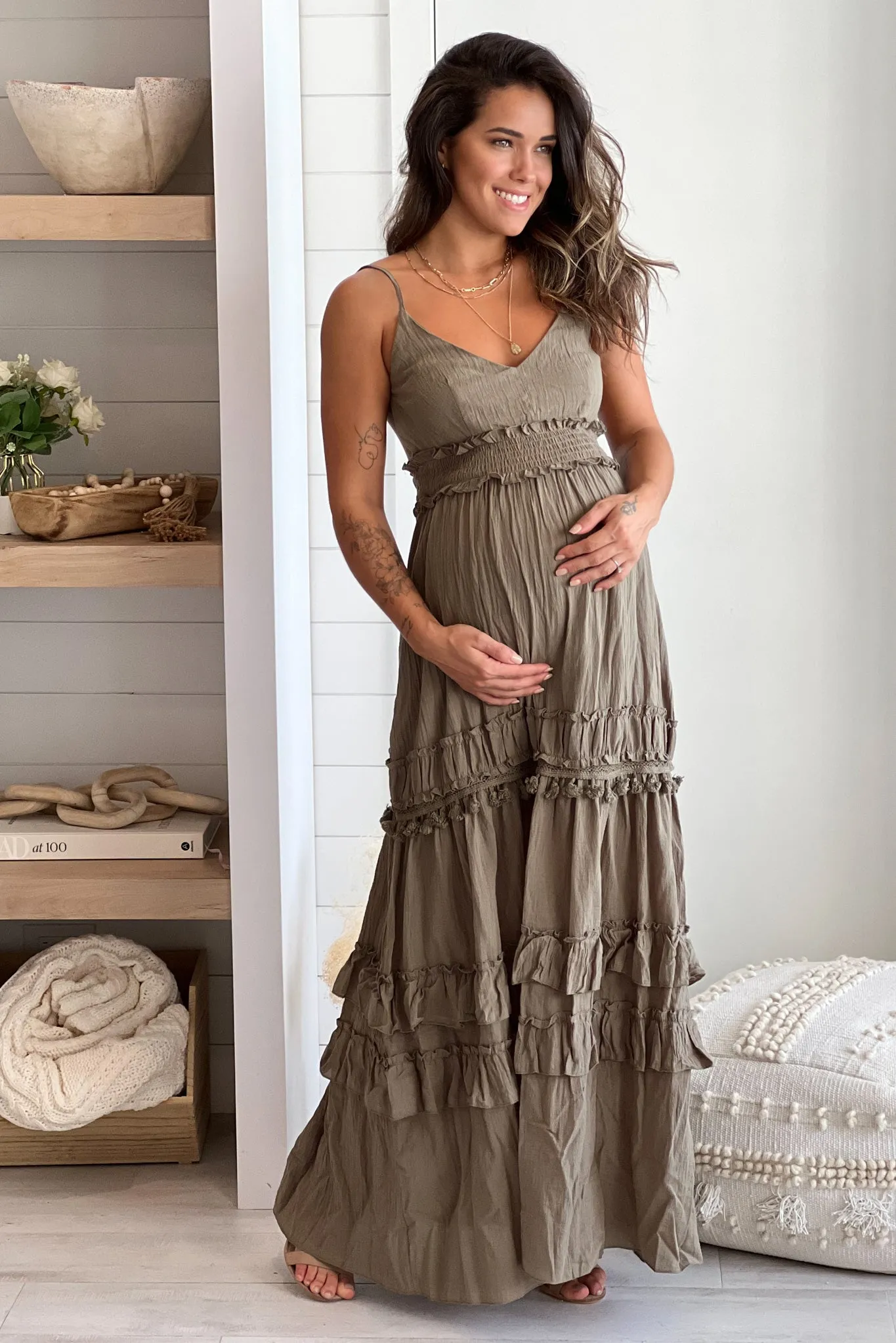 Olive Maternity Maxi Dress With Open Back