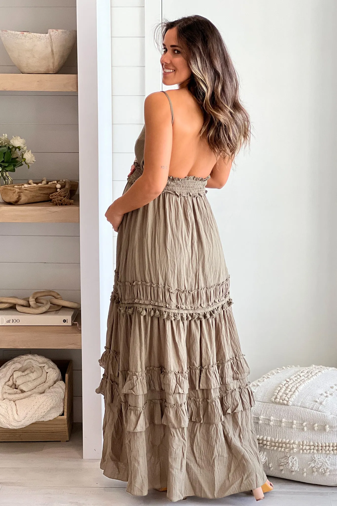 Olive Maternity Maxi Dress With Open Back