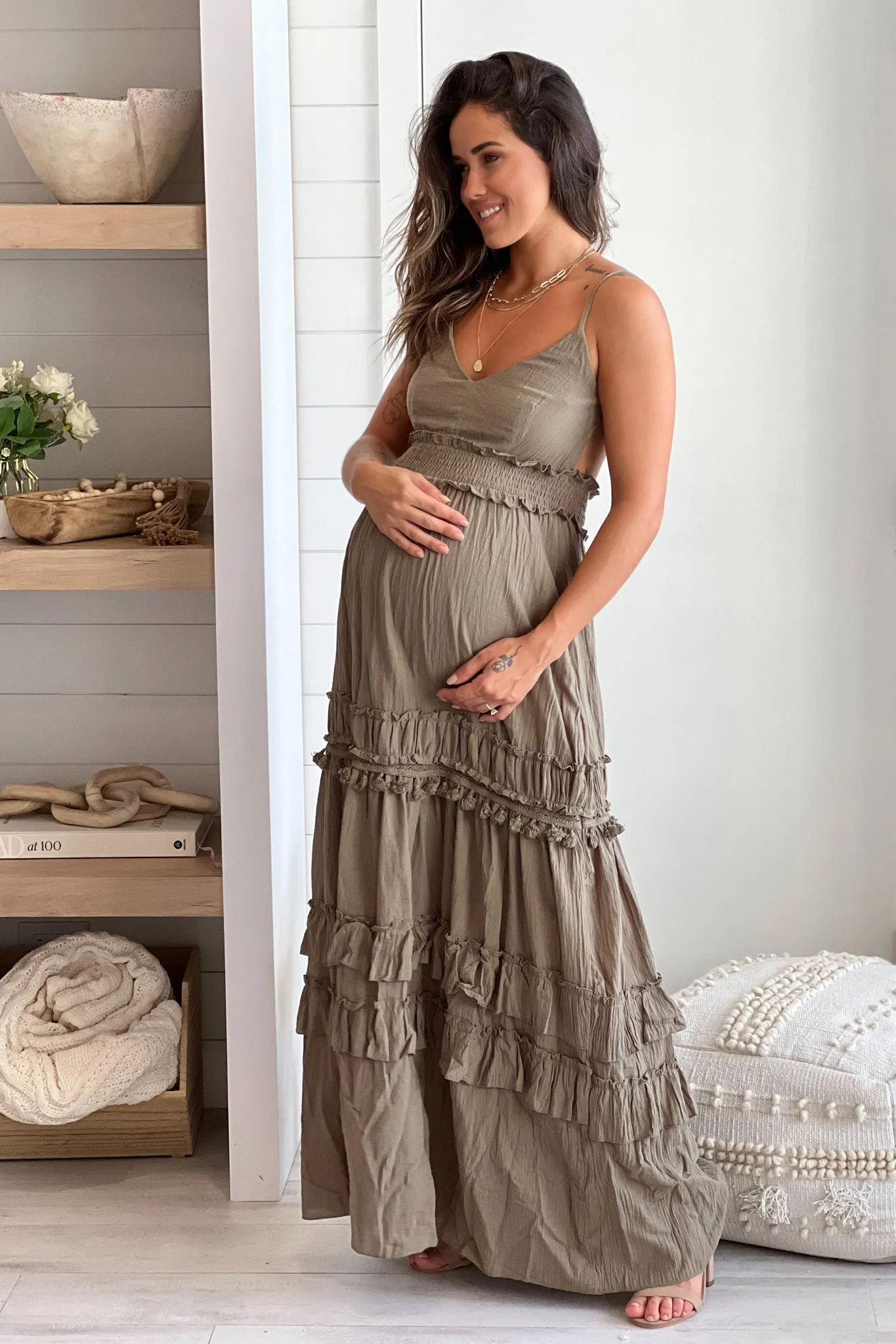 Olive Maternity Maxi Dress With Open Back