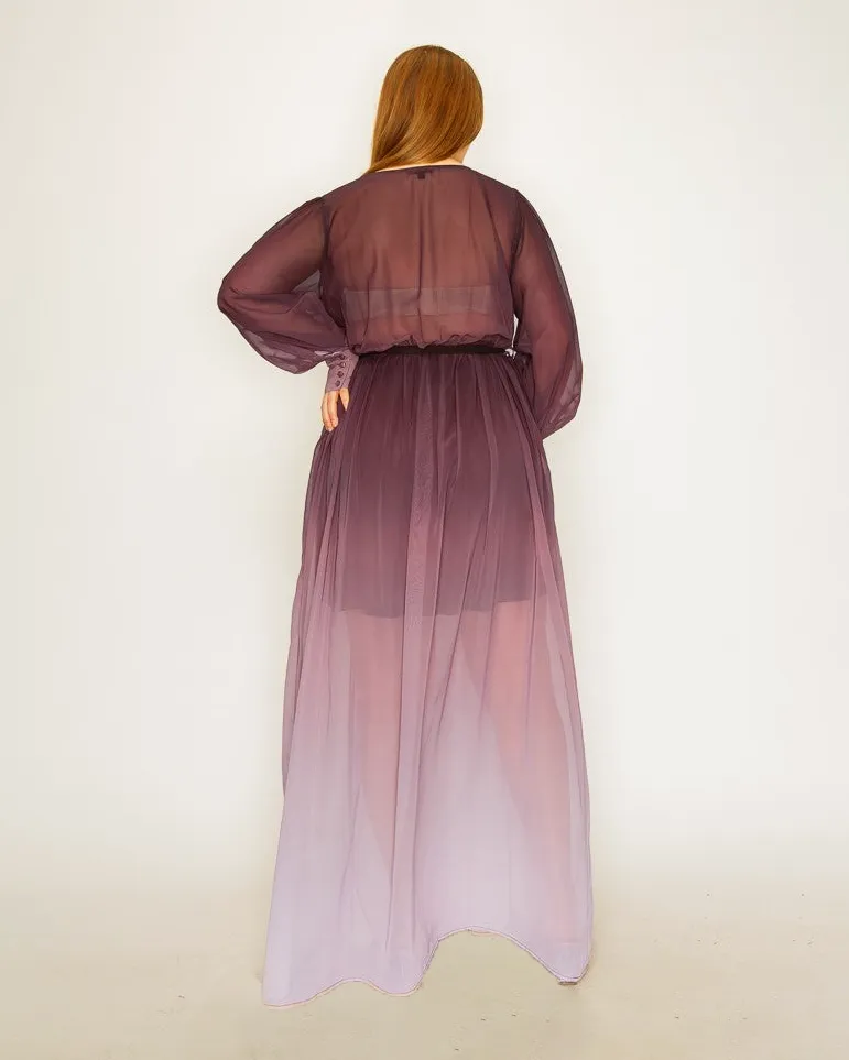 Ombre Chiffon Wrap Front Long Sleeve Tie Waist Slit Front Maxi Dress