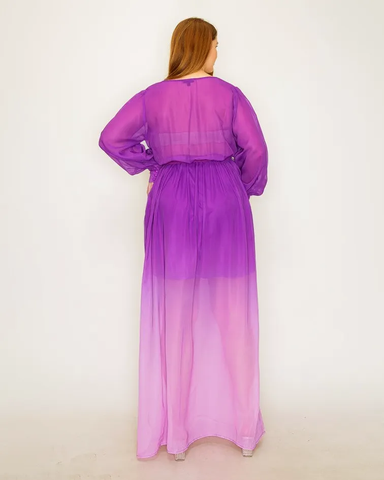 Ombre Chiffon Wrap Front Long Sleeve Tie Waist Slit Front Maxi Dress