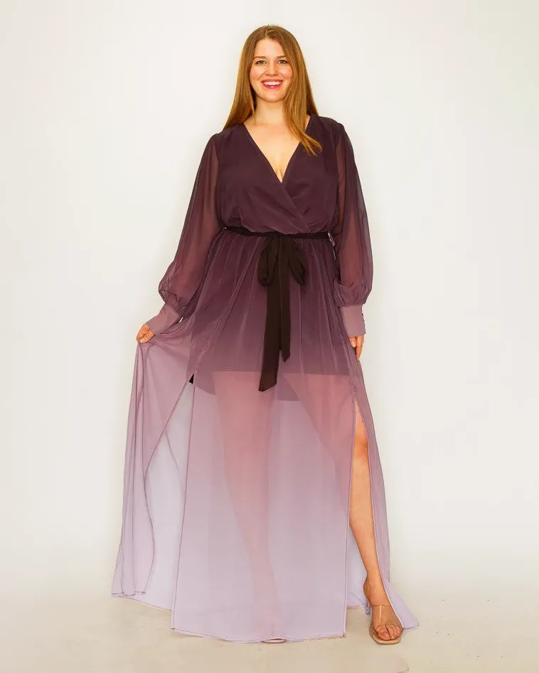 Ombre Chiffon Wrap Front Long Sleeve Tie Waist Slit Front Maxi Dress