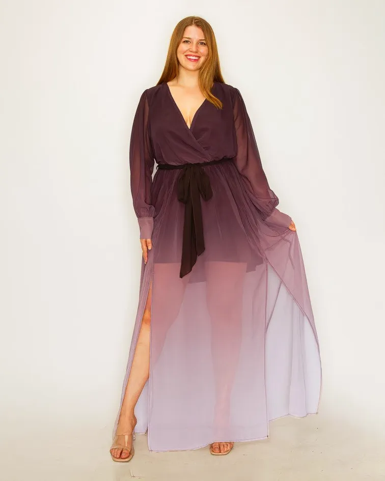 Ombre Chiffon Wrap Front Long Sleeve Tie Waist Slit Front Maxi Dress