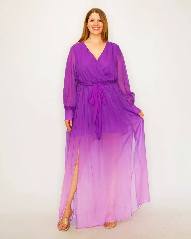 Ombre Chiffon Wrap Front Long Sleeve Tie Waist Slit Front Maxi Dress