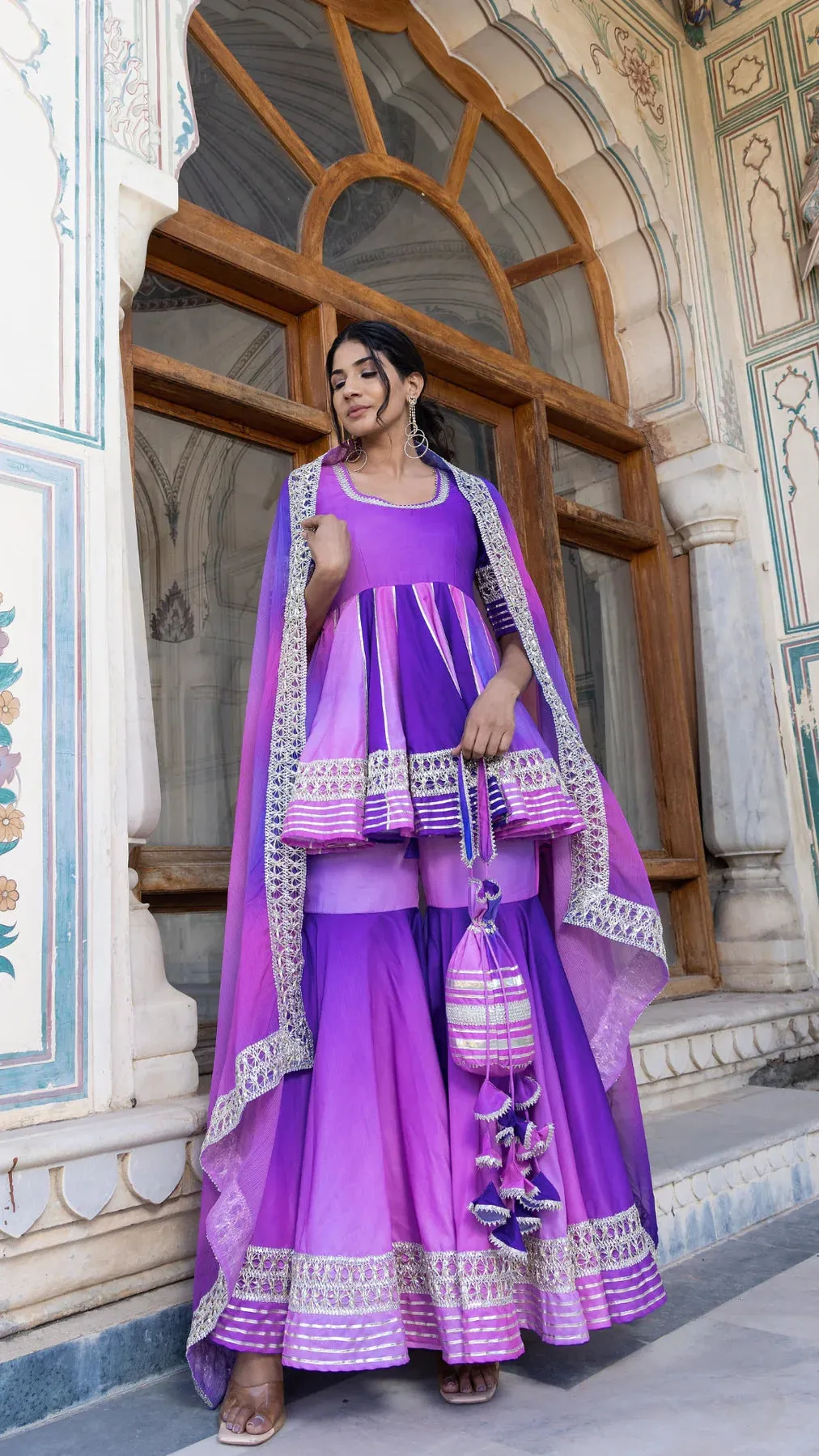 Ombre Purple Muslin Lace Detailing Sharara Set with Chiffon Dupatta