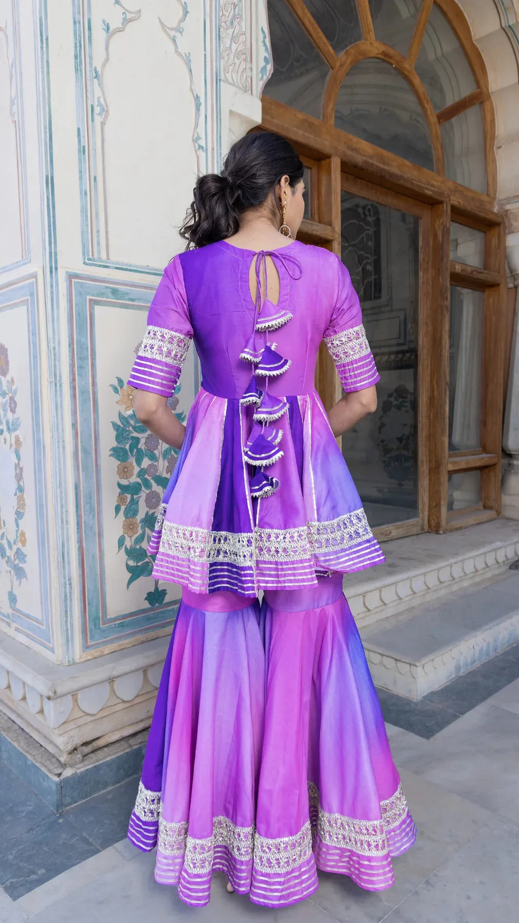 Ombre Purple Muslin Lace Detailing Sharara Set with Chiffon Dupatta